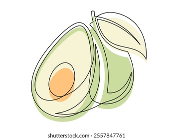 Line green avocado with leaf isolated on white background. Simple silhouette of fruit. Hand drawn avocado outline. Vector illustration
