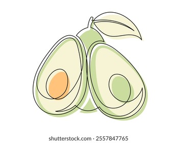 Line green avocado with leaf isolated on white background. Simple silhouette of fruit. Hand drawn avocado outline. Vector illustration