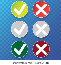 line green check mark or check box icons set . Green tick and red cross check marks flat style line icons set isolated on transparent background svg