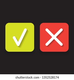 line green check mark or check box icons set . Green tick and red cross check marks flat style line icons set isolated on black background svg