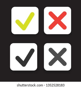 line green check mark or check box icons set . Green tick and red cross check marks flat style line icons set isolated on black background svg