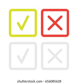 line green check mark or check box icons set . Green tick and red cross check marks flat style line icons set isolated on white background