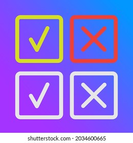 line green checkmark or check box icons set. Green tick and red cross checkmarks flat style line icons set isolated on violet background svg