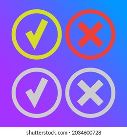 line green checkmark or check box icons set. Green tick and red cross checkmarks flat style line icons set isolated on violet background svg