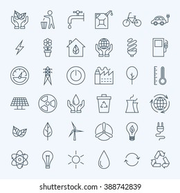 Line Green Energy Eco Icons Set. Vector Set of Modern Thin Outline Icons for Ecology and Nature Environment Items.