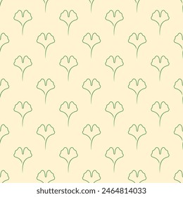 Line green ginkgo heart shaped leafs on beige background. Vector seamless pattern.
