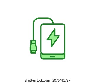 Line Green power icon isolated on white background. Outline symbol for website design, mobile application, ui. Electronics pictogram. Vector illustration, editorial stroсk. 