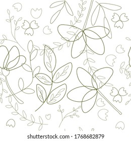Line green seamless pattern illustration plant leaf vintage design, wallpaper vector blossom