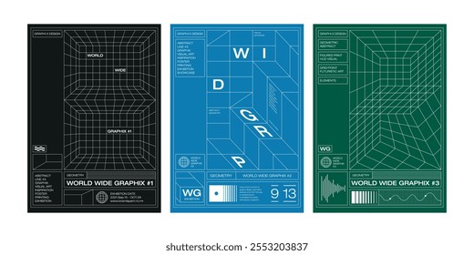 Line grid futuristic 3d pattern poster template set hud wireframe optical illusion abstract geometric graphic design modern simple clean vector collection digital art future portal visual warp 