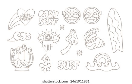Line groovy hippie cartoon 70s sun, eye, mushroom, glasses, heart. Black linear psychedelic vector art set.