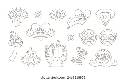 Line groovy hippie cartoon 70s eye, sunset, mushroom, heart. Black linear psychedelic vector art set.