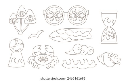 Line groovy hippie cartoon 70s surf, mushroom, crab, eye. Black linear psychedelic vector art set.