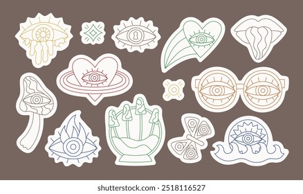 Line groovy hippie cartoon sticker pack of 70s eye, sunset, mushroom, heart, sparkle. Color linear psychedelic vector art set.