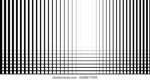 Line halftone gradation texture. Fading horizontal stripe gradient background. Repeating pattern backdrop. Black parallel thin to thick lines backdrop for overlay, print, cover, graphic design. Vector