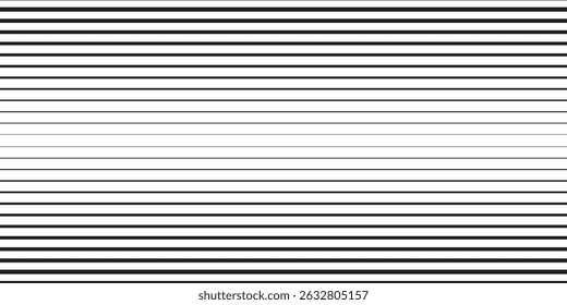 Line halftone gradation texture. Fading horizontal stripe gradient background. Repeating pattern backdrop. Black parallel thin to thick lines backdrop for overlay, print, cover, graphic design. Vector