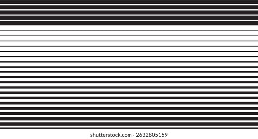 Line halftone gradation texture. Fading horizontal stripe gradient background. Repeating pattern backdrop. Black parallel thin to thick lines backdrop for overlay, print, cover, graphic design. Vector
