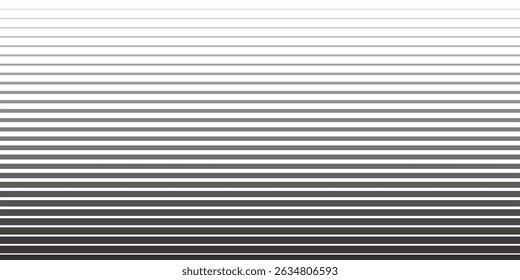 Line halftone gradation texture. Fading horizontal stripe gradient background. Repeating pattern backdrop. Black parallel thin to thick lines backdrop for overlay, print, cover, graphic design. Vector