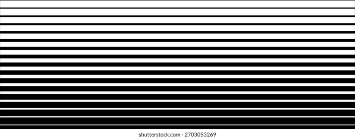 Line halftone gradation texture. Fading horizontal stripe gradient background. Repeating pattern backdrop. Black parallel thin to thick lines backdrop for overlay, print, cover, graphic design. Eps10