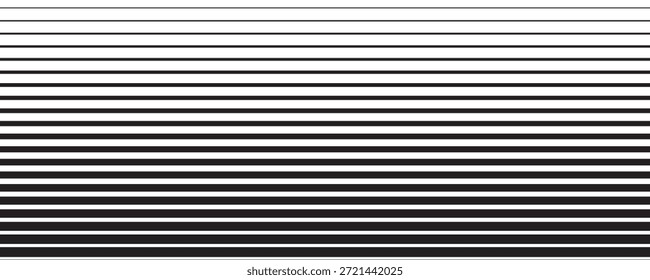 Textura de gradación de semitono de línea. Fondo de degradado de franja Horizontal en decoloración. Fondo de patrón de repetición. Fondo de líneas negras paralelas delgadas a gruesas para superposición, impresión, cubierta, Diseño gráfico. arte