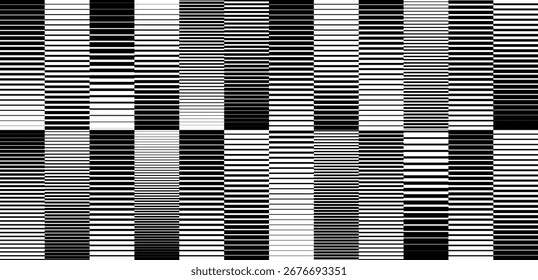 Plano de fundo de gradiente de meio-tom da linha. Papel de parede de gradação listrada desvanecendo. Papel de parede de linha de halfton preto e branco para sobreposição, impressão, capa. Tela de fundo de padrão de faixa de retângulo linear repetida de vetor
