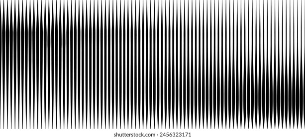 Line halftone gradient texture. Vibrating vertical gradation background. Repeated stripe pattern backdrop. Black parallel thin to thick stripe moire backdrop for overlay, print, cover. Vector