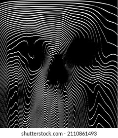 Line halftone skull from 3D rendering. Black and white vector illustration on black background.