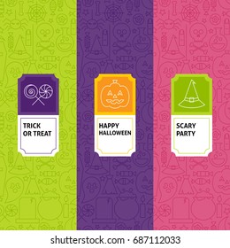 Line Halloween Patterns Set. Vector Illustration of Logo Design. Template for Packaging with Labels.