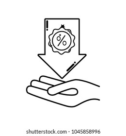 line hand with arrow down and tag percent
