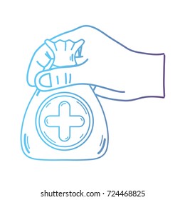 line hand with bag dotation with heart and cross symbol