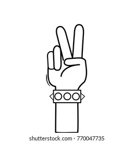 line hand with bracelet and peace and love gesture