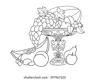 Line hand draw fruit vase for coloring book.