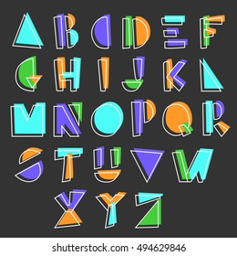 Line hand drawn alphabet with colorful shadow. Vector illustration