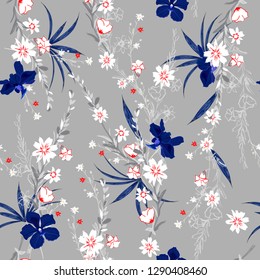 Line hand drawn botanical garden flowers ,blooming in many kind of florals seamless pattern in vector design for fashion ,fabric,wallpaper,web,and all prints on light grey background color