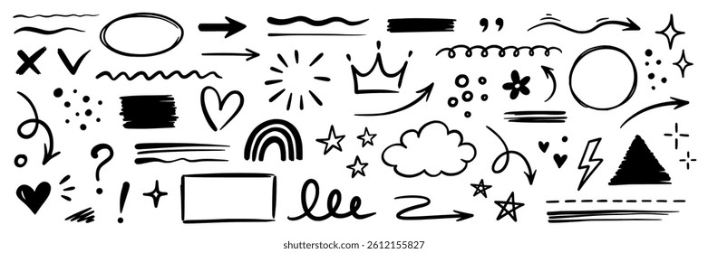 Line hand drawn brush marker underline, highlight, star element set. Hand drawn sketch marker underline shape, arrow, star scribble brush pen stroke icon highlight element. Vector illustration.