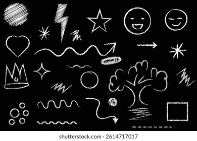 Line hand drawn brush marker underline, highlight, star element chalkboard set. Different shapes, arts, objects into black background with chalk sketch by hand draw vector illustration.