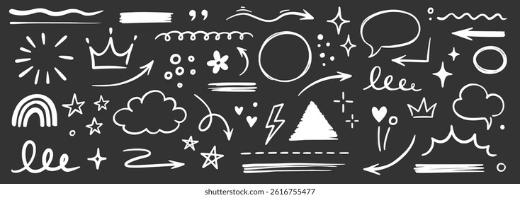 Line hand drawn brush marker underline, highlight, star element chalkboard set. Hand drawn sketch marker underline shape, arrow, star scribble brush pen stroke highlight element. Vector illustration