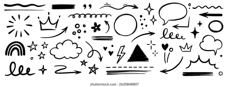 Line hand drawn brush marker underline, highlight, star element set. Hand drawn sketch marker underline shape, arrow, star scribble brush pen stroke icon highlight element. Vector illustration.