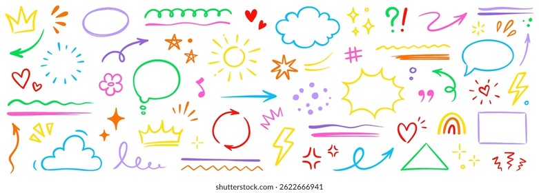 Line hand drawn brush marker arrow, heart, crown element set. Hand drawn sketch marker underline kid color shape, arrow, star scribble brush pen stroke doodle graphic icon. Vector illustration