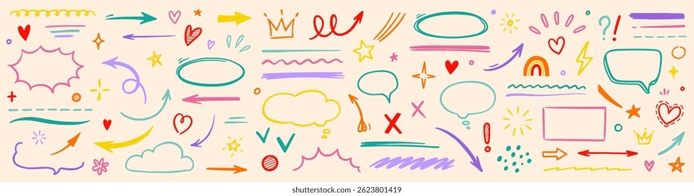 Line hand drawn brush marker arrow, heart shape element kid color set. Hand drawn sketch marker underline shape, arrow, star marker brush pen stroke icon heart element. Vector illustration
