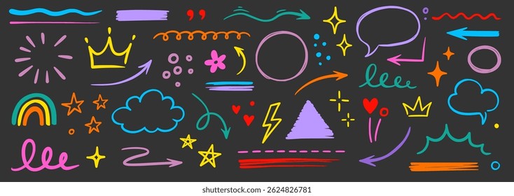 Line hand drawn brush marker underline, highlight, star element color kid set. Hand drawn sketch marker underline shape, arrow, star scribble brush pen stroke highlight element. Vector illustration