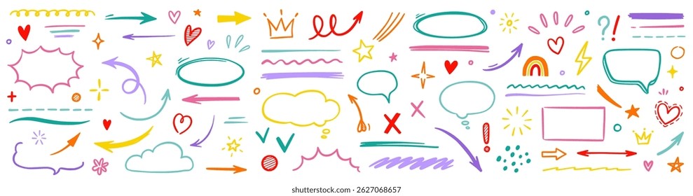 Line hand drawn brush marker arrow, heart shape element kid color set. Hand drawn sketch marker underline shape, arrow, star marker brush pen stroke icon heart element. Vector illustration