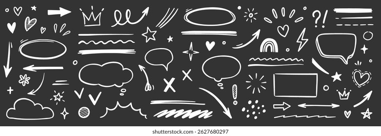 Line hand drawn brush marker arrow, heart shape element chalkboard set. Hand drawn sketch marker underline shape, arrow, star marker brush pen stroke icon heart element. Vector illustration