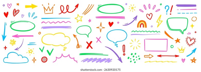 Seta de marcador de pincel desenhada à mão de linha, conjunto de cores infantil do elemento de forma do coração. Forma de sublinhado de marcador de esboço desenhado à mão, seta, pincel de marcador de estrela ícone de traçado ícone elemento do coração. Ilustração vetorial