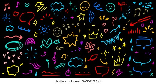Línea dibujada a mano marcador de pincel subrayado, resaltado, elemento estrella color conjunto de niños. Dibujado a mano marcador de boceto forma de subrayado, flecha, estrella garabato pincel pluma trazo elemento destacado. Ilustración vectorial 