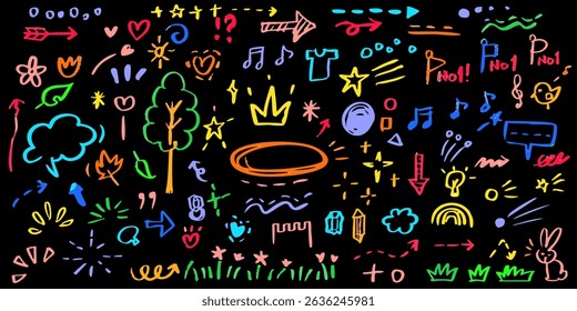 Line hand drawn brush marker underline, highlight, star element color kid set. Hand drawn sketch marker underline shape, arrow, star scribble brush pen stroke highlight element. Vector illustration 