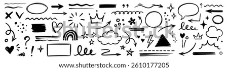 Line hand drawn brush marker underline, highlight, star element set. Hand drawn sketch marker underline shape, arrow, star scribble brush pen stroke icon highlight element. Vector illustration.