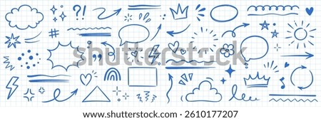 Line hand drawn brush marker arrow, heart, crown element set. Hand drawn sketch marker underline shape, arrow, star scribble brush pen stroke element. Crown, love graphic icon. Vector illustration