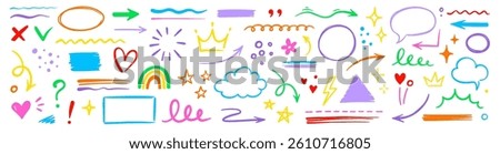 Line hand drawn brush marker underline, highlight, star element color kid set. Hand drawn sketch marker underline shape, arrow, star scribble brush pen stroke highlight element. Vector illustration