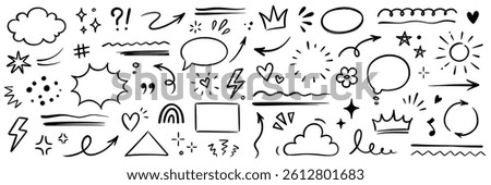 Line hand drawn brush marker arrow, heart, crown element set. Hand drawn sketch marker underline shape, arrow, star scribble brush pen stroke element. Crown, love graphic icon. Vector illustration