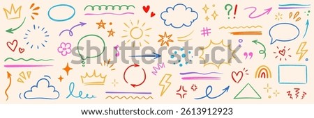 Line hand drawn brush marker arrow, heart, crown element set. Hand drawn sketch marker underline kid color shape, arrow, star scribble brush pen stroke doodle graphic icon. Vector illustration